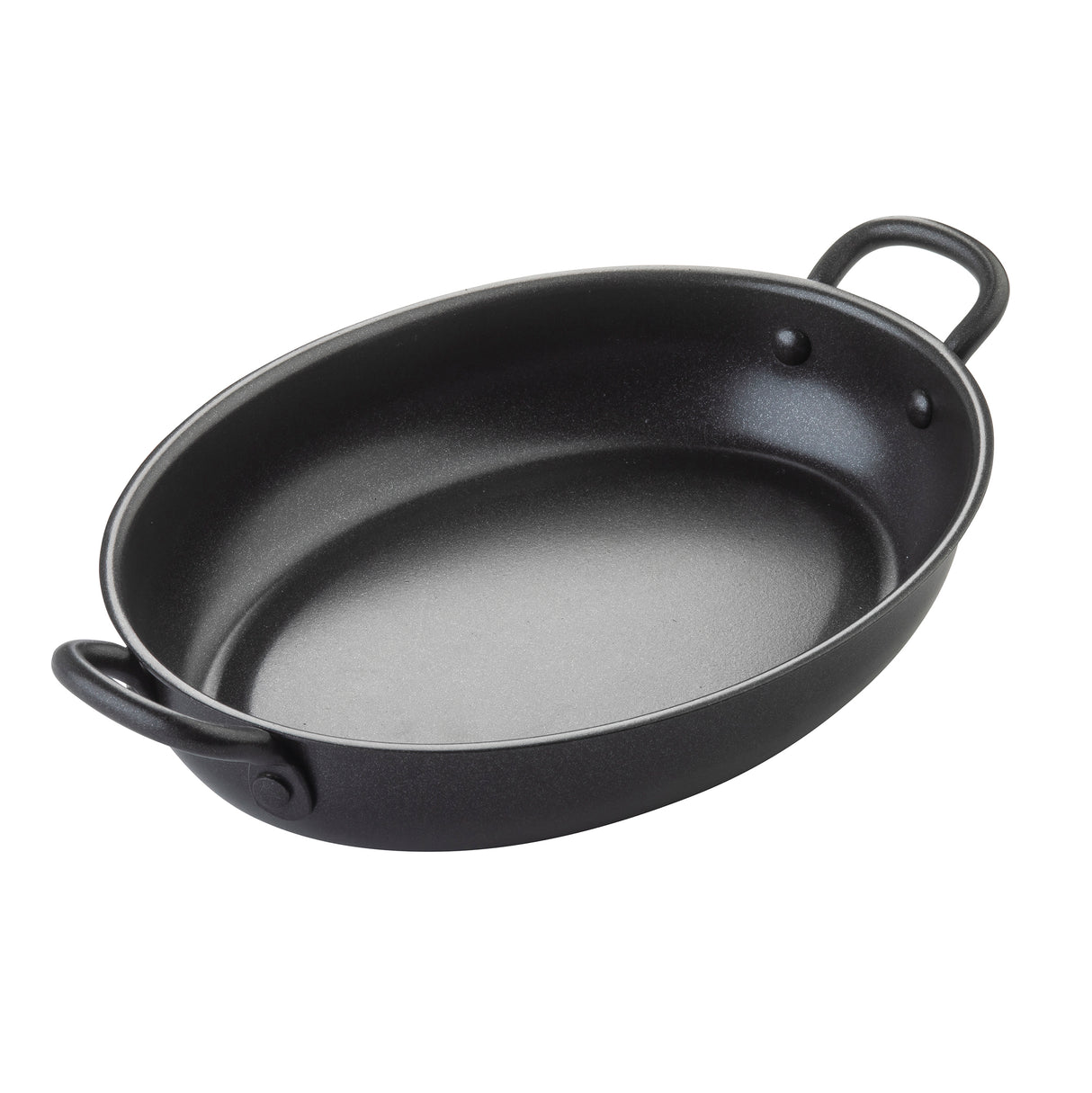 A black, oval-shaped TableCraft Products roasting pan with two sturdy handles. Featuring a smooth, nonstick interior and slightly curved sides, this pan is perfect for baking or roasting foods. Set against a white background.