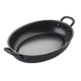 A black, oval-shaped TableCraft Products roasting pan with two sturdy handles. Featuring a smooth, nonstick interior and slightly curved sides, this pan is perfect for baking or roasting foods. Set against a white background.