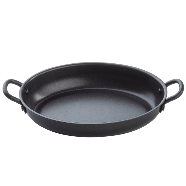 A black, round Mini Serving Fry Pan with two curved handles on opposite sides, shown on a white background. This non-stick fry pan from TableCraft Products is ideal for stovetop or oven use, perfect for paella or roasting vegetables.