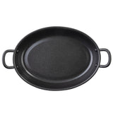Oval black roasting pan with two short, curved handles on opposite sides. This TableCraft Products non-stick fry pan features a smooth interior and a slightly raised edge around the rim. The image is taken from above on a white background.