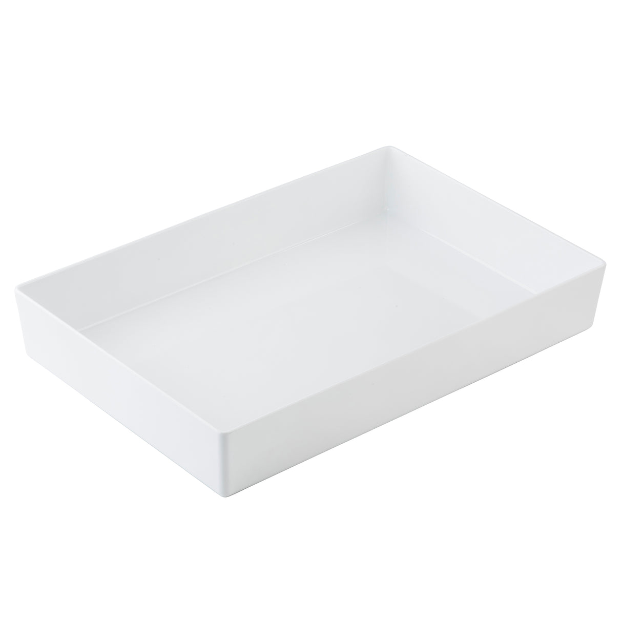 A plain, rectangular white melamine bowl with high sides is shown at an angle on a white background. The bowl is empty and features a smooth, glossy surface.
