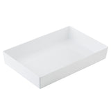 A plain, rectangular white melamine bowl with high sides is shown at an angle on a white background. The bowl is empty and features a smooth, glossy surface.