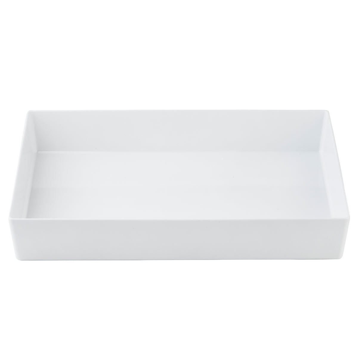 A rectangular, white, shallow tray with smooth sides and a flat base, positioned on a plain white background. The glossy finish resembles a full-size bowl from the Simple Solutions Bowl collection, showcasing its clean and minimalist design.