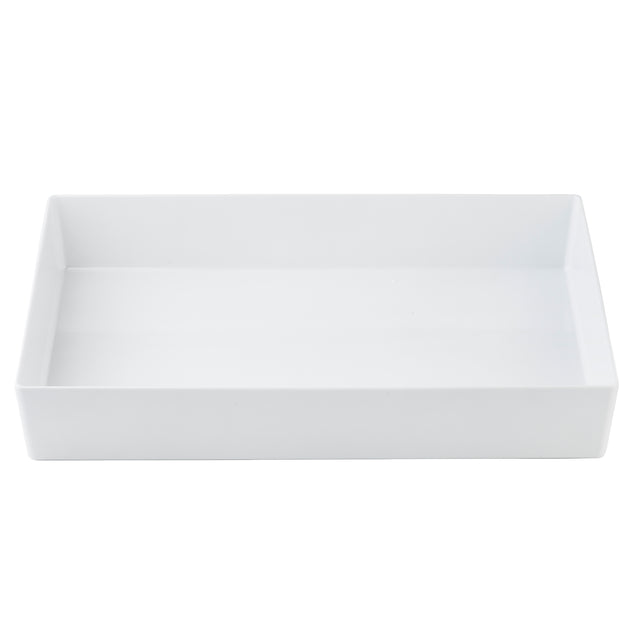A rectangular, white, shallow tray with smooth sides and a flat base, positioned on a plain white background. The glossy finish resembles a full-size bowl from the Simple Solutions Bowl collection, showcasing its clean and minimalist design.