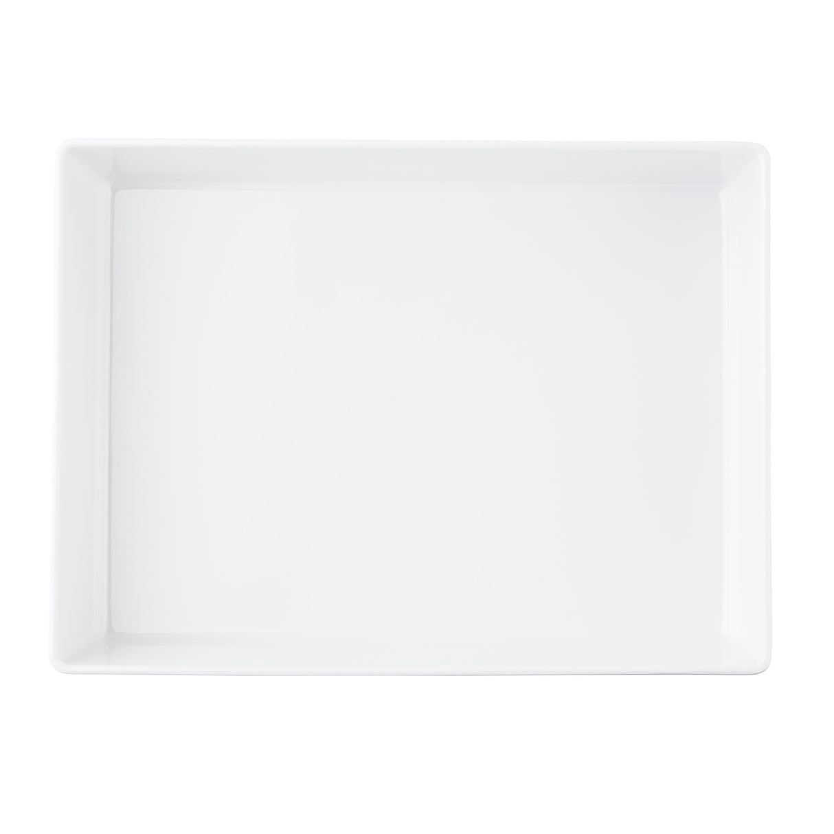 A large, empty, rectangular white ceramic tray with slightly raised edges is viewed from above on a plain white background. Its smooth surfaces and clean lines give it a modern, minimalist appearance—perfect for pairing with a Simple Solutions Bowl.