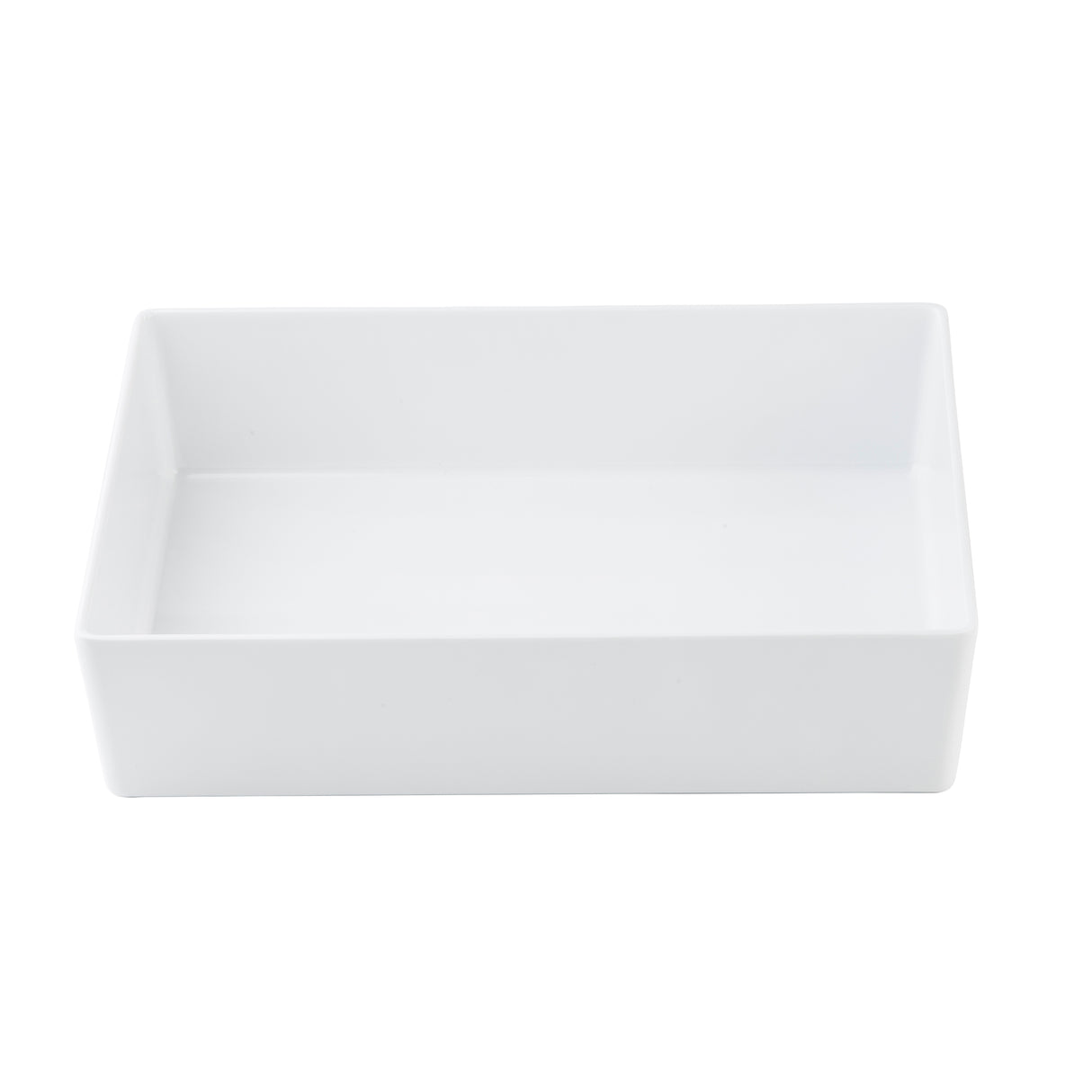 A plain, rectangular white ceramic dish with straight sides and smooth edges is shown against a white background. Similar to a half size bowl by TableCraft Products, the dish is empty and has a glossy finish.