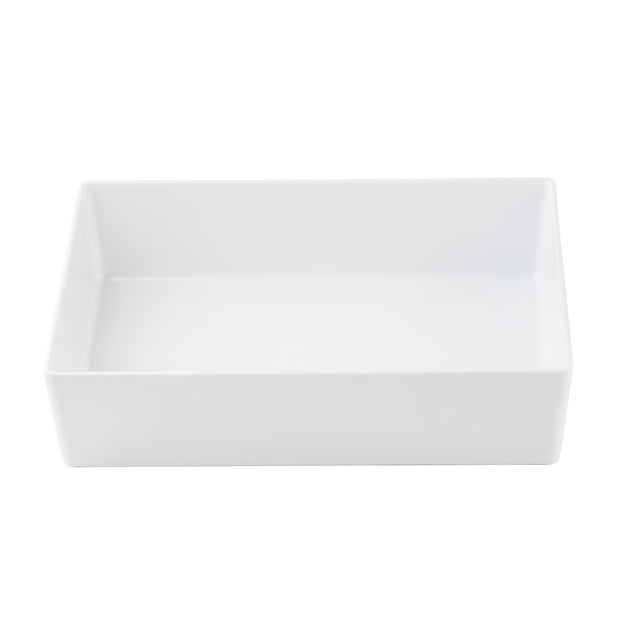 A plain, rectangular white ceramic dish with straight sides and smooth edges is shown against a white background. Similar to a half size bowl by TableCraft Products, the dish is empty and has a glossy finish.