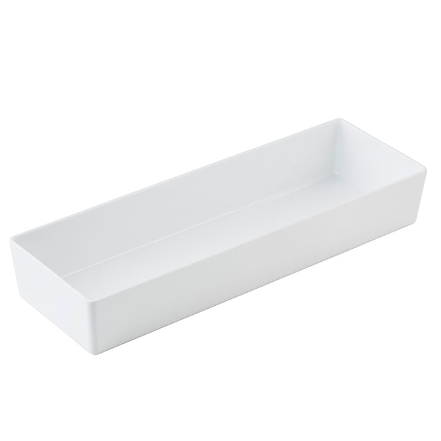 A rectangular, white ceramic tray with straight sides and a flat base, shown empty against a plain white background. Its minimalist design and smooth surface make it perfect for pairing with a Simple Solutions Bowl or melamine bowl for serving or organizing items.