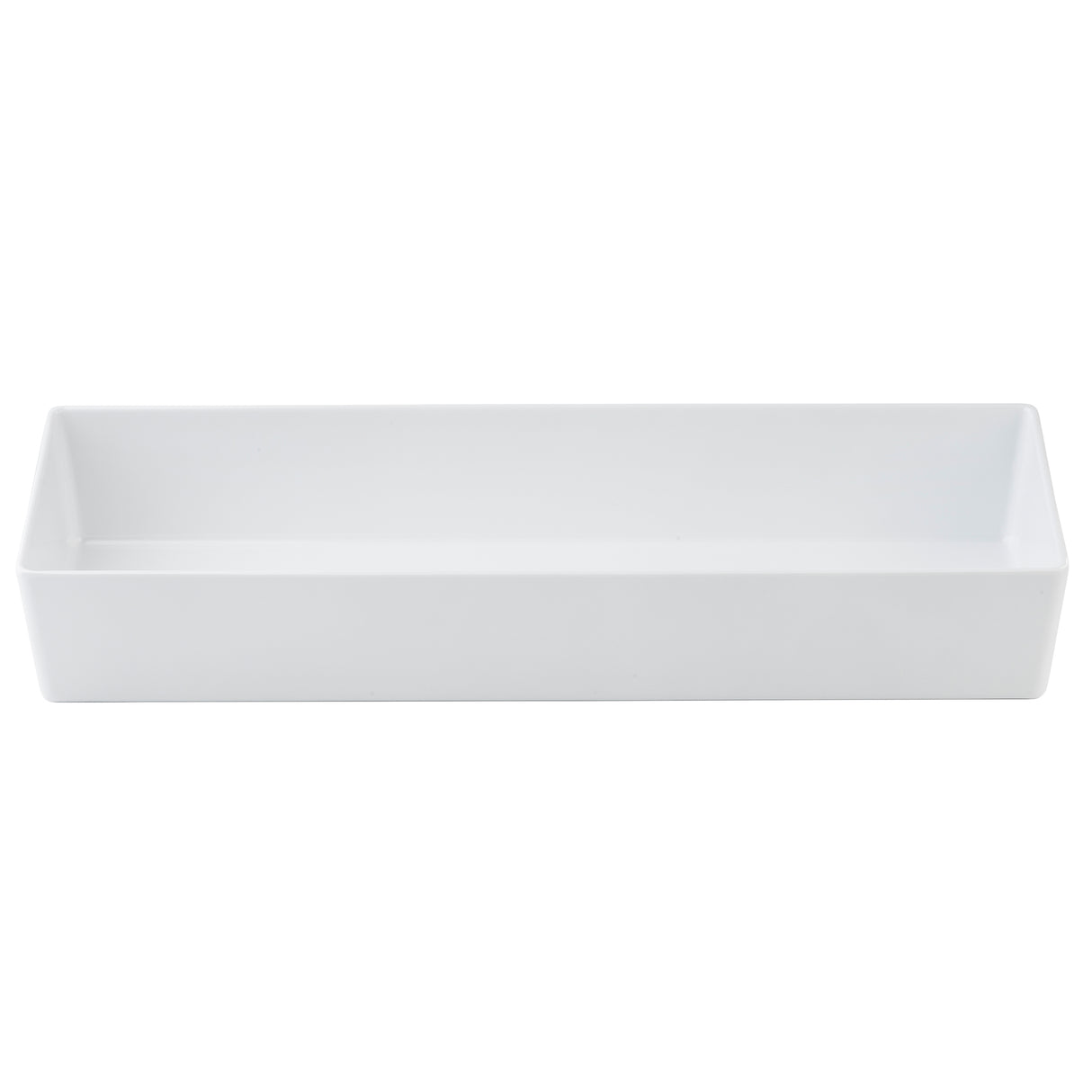 A rectangular, white, ceramic tray with high straight sides and a smooth surface, shown from the front against a plain white background. The tray is empty and features a minimalist, modern design—perfect alongside your Simple Solutions Bowl.