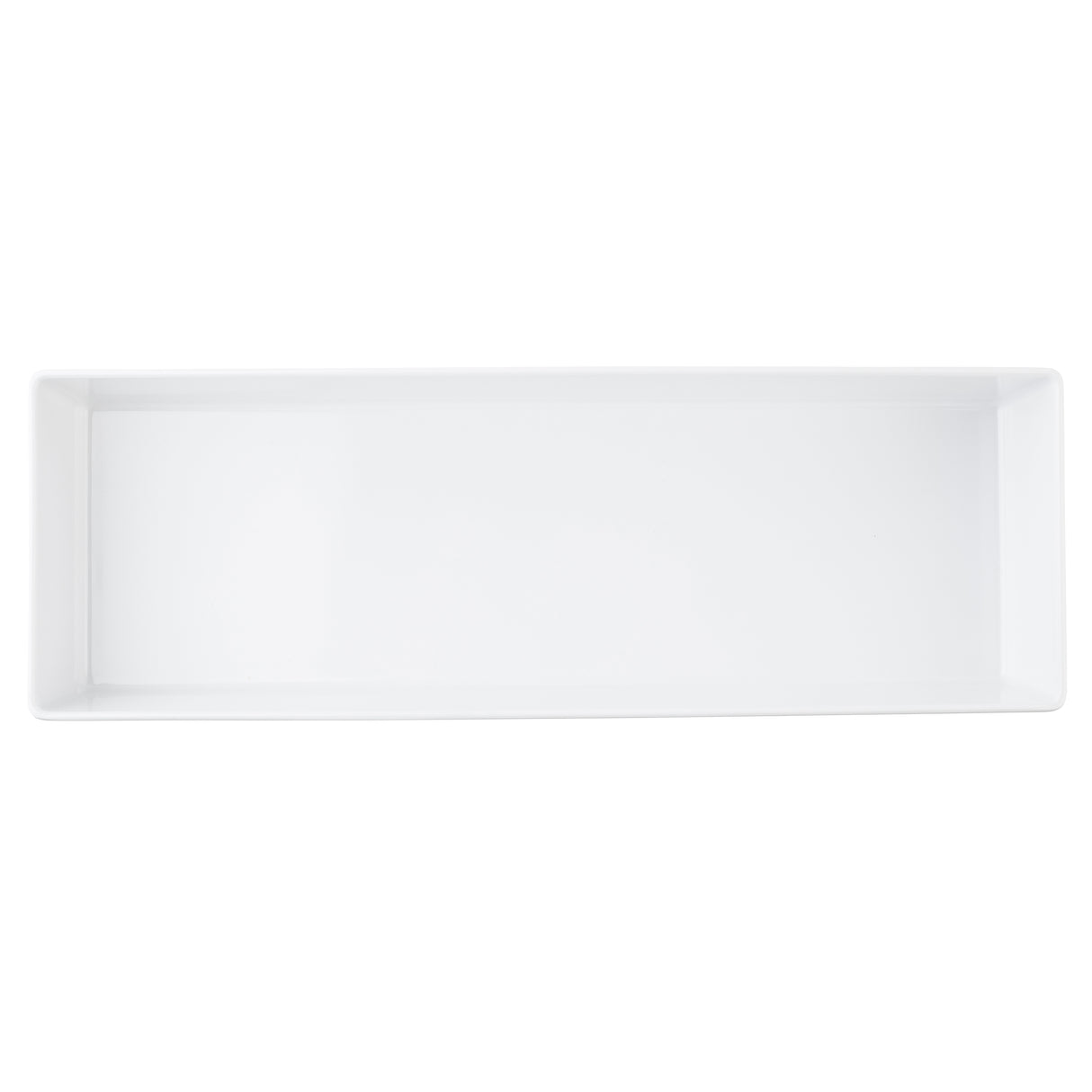 A rectangular white ceramic serving platter with slightly raised edges, photographed from above on a white background. The glossy surface complements TableCraft Products like a 5 qt bowl for versatile serving options.