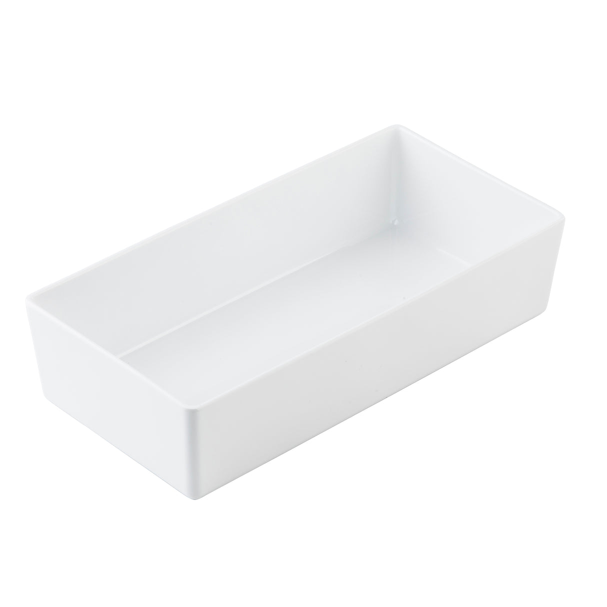 A plain, white, rectangular TableCraft ceramic dish with straight sides and sharp corners is shown empty against a white background. Viewed from a slightly elevated angle, it highlights the same clean, minimalist design as a classic melamine bowl.