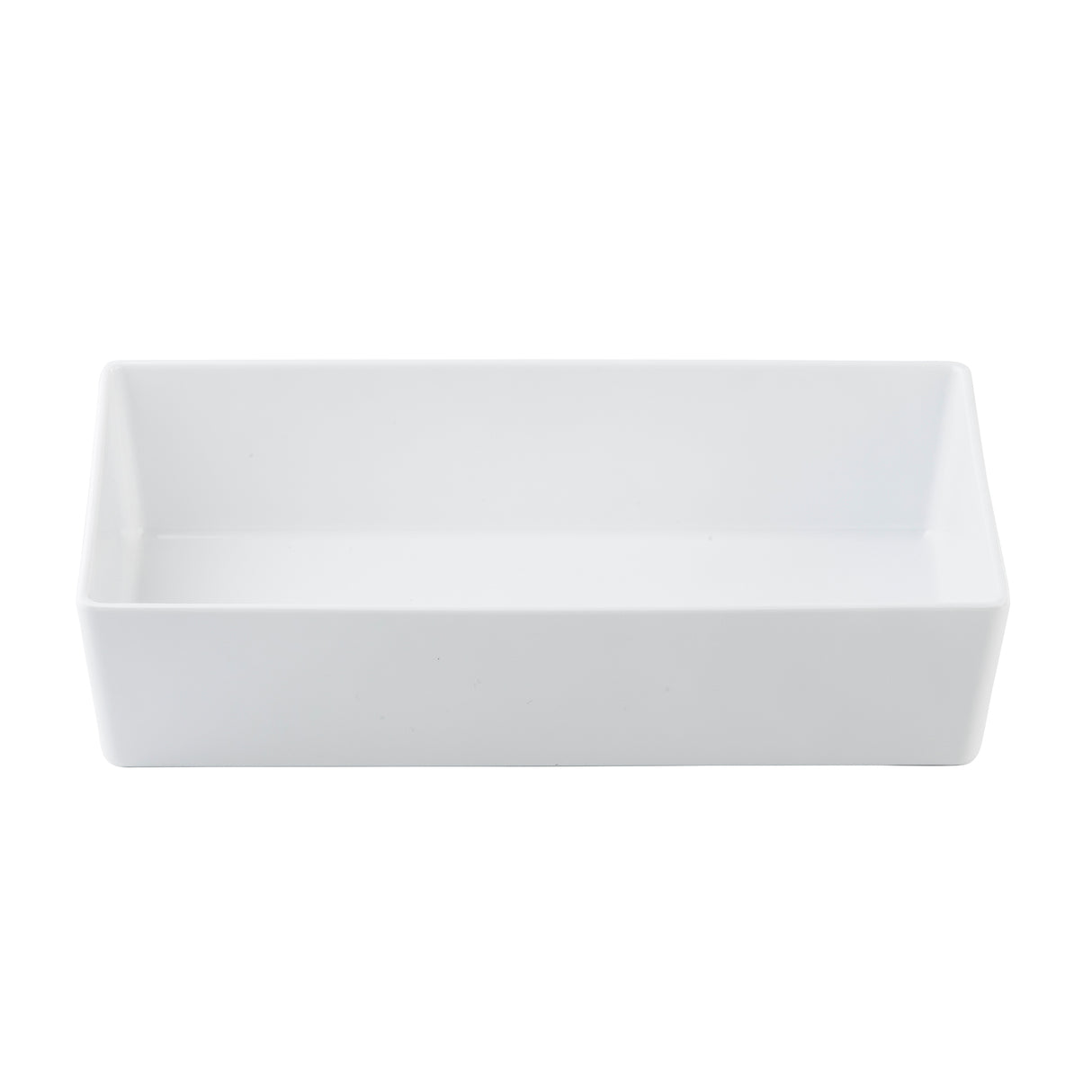 A plain, rectangular white melamine bowl with straight sides, an open top, and smooth surfaces. The 3.25 qt bowl by TableCraft is empty and set against a plain white background.