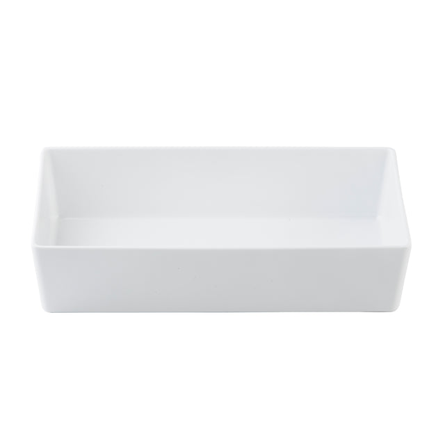 A plain, rectangular white melamine bowl with straight sides, an open top, and smooth surfaces. The 3.25 qt bowl by TableCraft is empty and set against a plain white background.