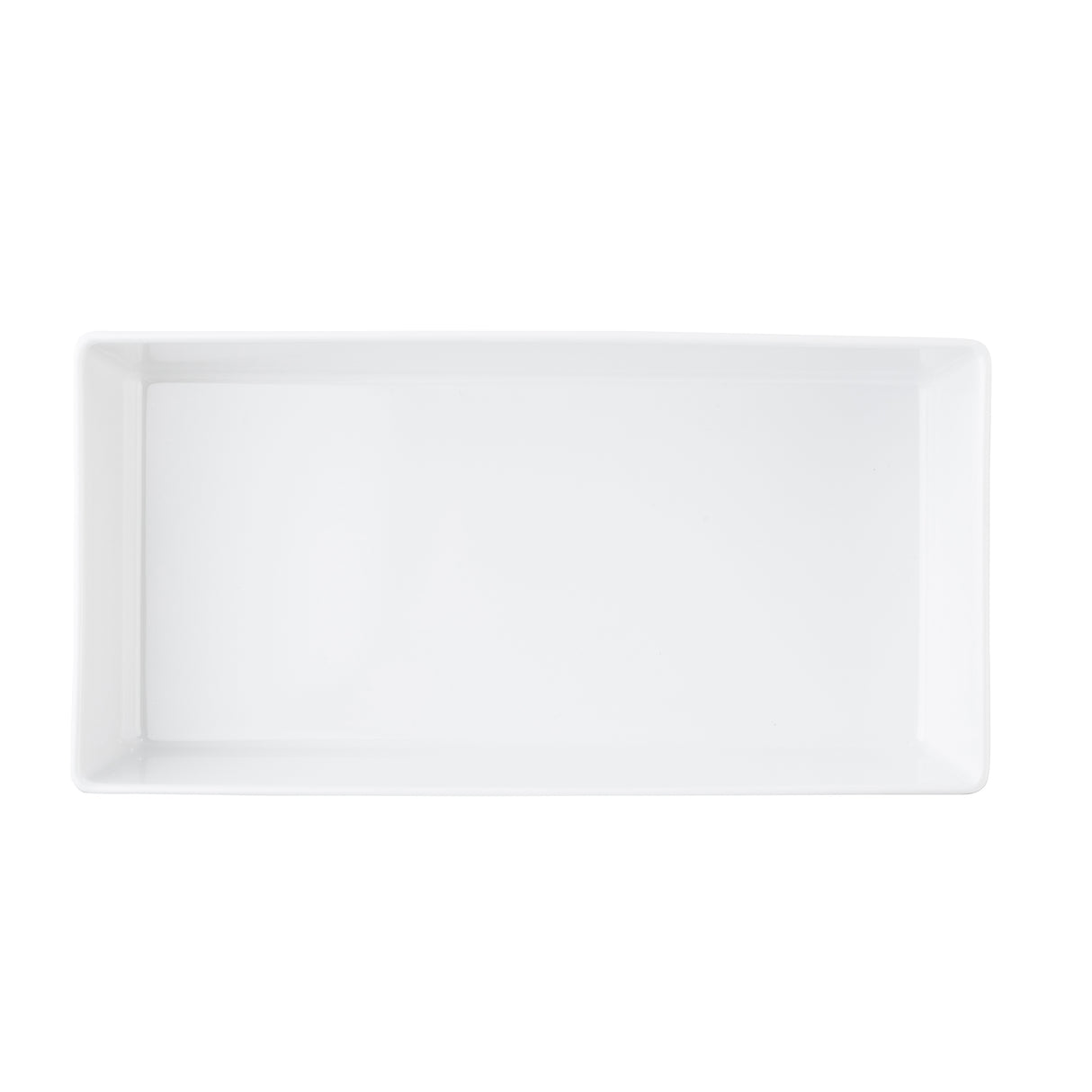 A plain, empty rectangular white ceramic plate is shown from a top-down perspective against a white background. Its smooth, glossy surfaces and slightly raised edges evoke the minimalist style of a TableCraft melamine bowl.