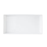 A plain, empty rectangular white ceramic plate is shown from a top-down perspective against a white background. Its smooth, glossy surfaces and slightly raised edges evoke the minimalist style of a TableCraft melamine bowl.