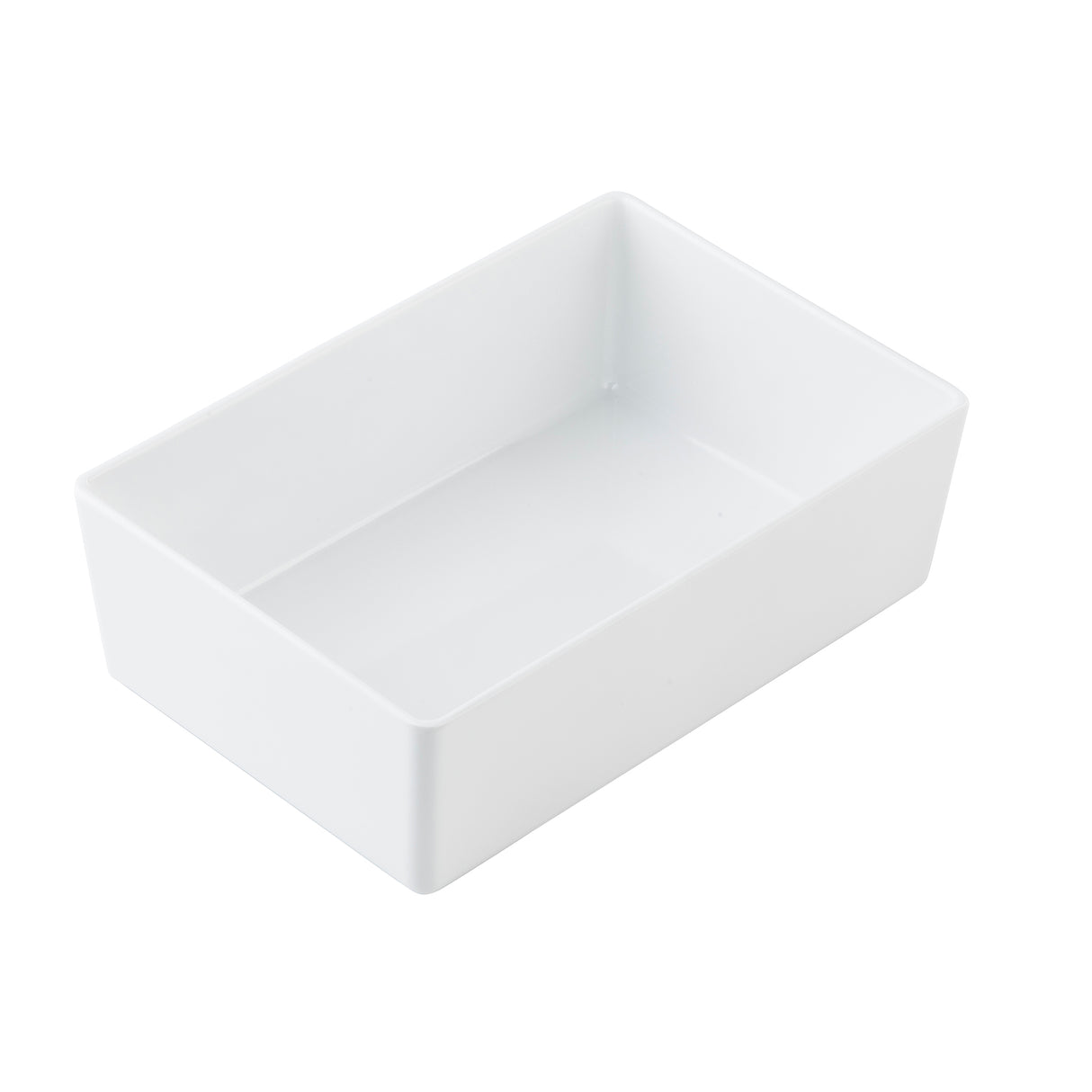 Rectangular white ceramic dish with straight sides and a smooth, glossy finish, shown on a plain white background. Similar in style to the Simple Solutions Bowl, it is empty and viewed from above, highlighting its depth and minimalist design.