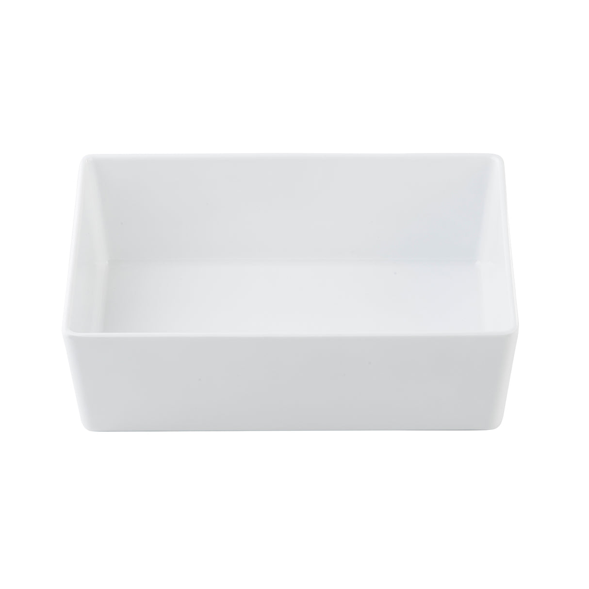 A plain, rectangular white melamine bowl with straight sides and sharp corners is shown against a white background. The Simple Solutions Bowl is empty and photographed from above, highlighting its modern design and practical appeal.