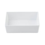 A plain, rectangular white melamine bowl with straight sides and sharp corners is shown against a white background. The Simple Solutions Bowl is empty and photographed from above, highlighting its modern design and practical appeal.