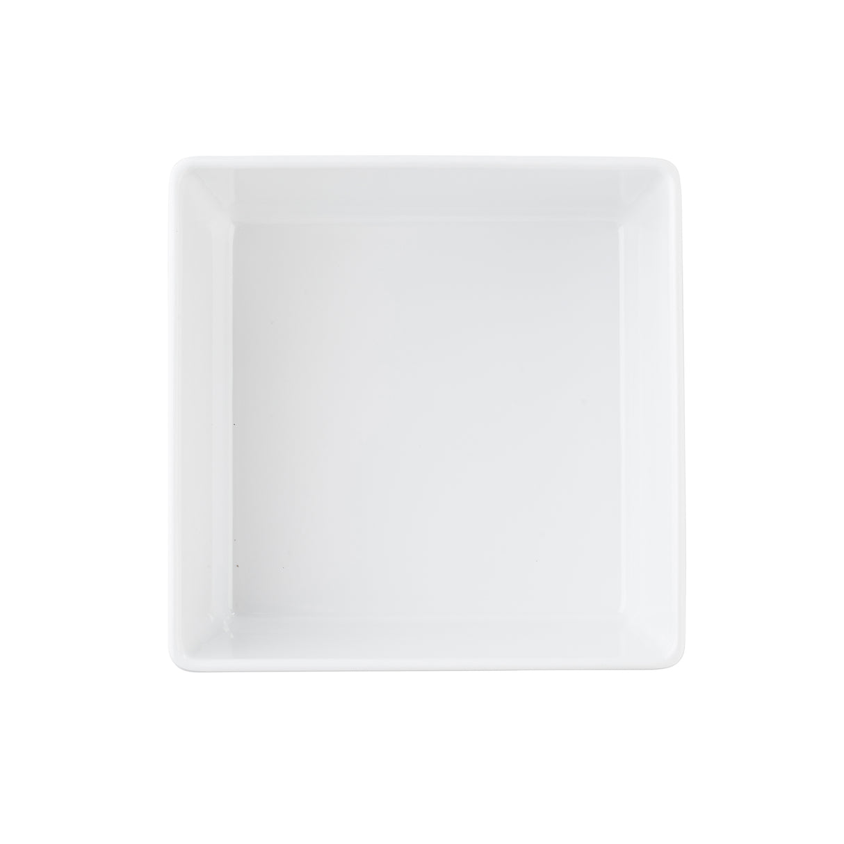A plain, empty white sixth size bowl is photographed from above, centered on a white background. The clean, smooth surface and straight edges of the dish make it look modern and minimalistic.