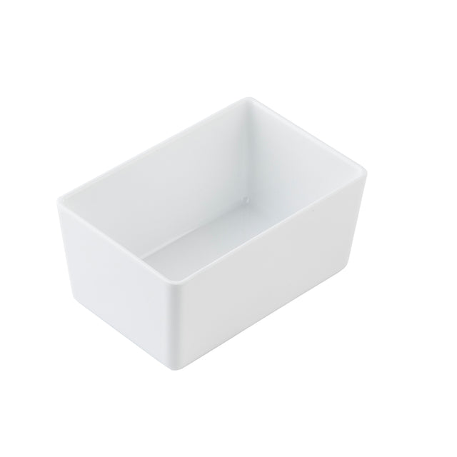 A plain, white, rectangular TableCraft melamine bowl with smooth sides and rounded corners, shown empty against a white background. The lightweight 1 qt bowl is suitable for storage or organizing small items.