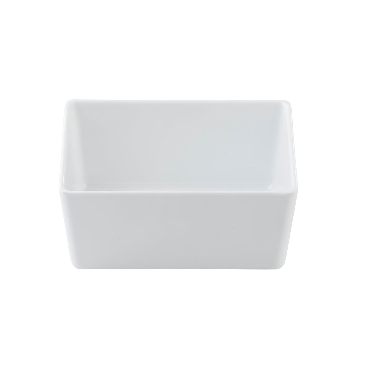 A plain, rectangular white TableCraft dish with smooth sides and sharp corners is shown against a white background. The 1 qt bowl is empty and viewed from a slightly elevated angle, highlighting its depth and clean, minimalist design.