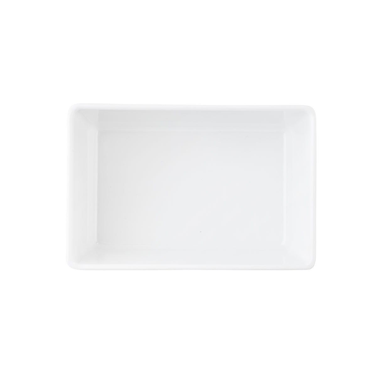 A clean, empty, rectangular white TableCraft melamine bowl is shown from above against a plain white background. The dish has slightly rounded corners and smooth edges, with no visible markings or decorations.