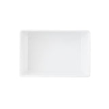 A clean, empty, rectangular white TableCraft melamine bowl is shown from above against a plain white background. The dish has slightly rounded corners and smooth edges, with no visible markings or decorations.