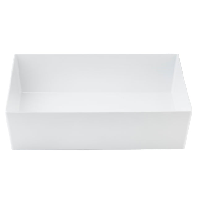 A rectangular, white ceramic sink with straight edges and smooth surfaces, shown against a plain white background. The deep, unadorned design offers a modern look reminiscent of the Simple Solutions Bowl by TableCraft.