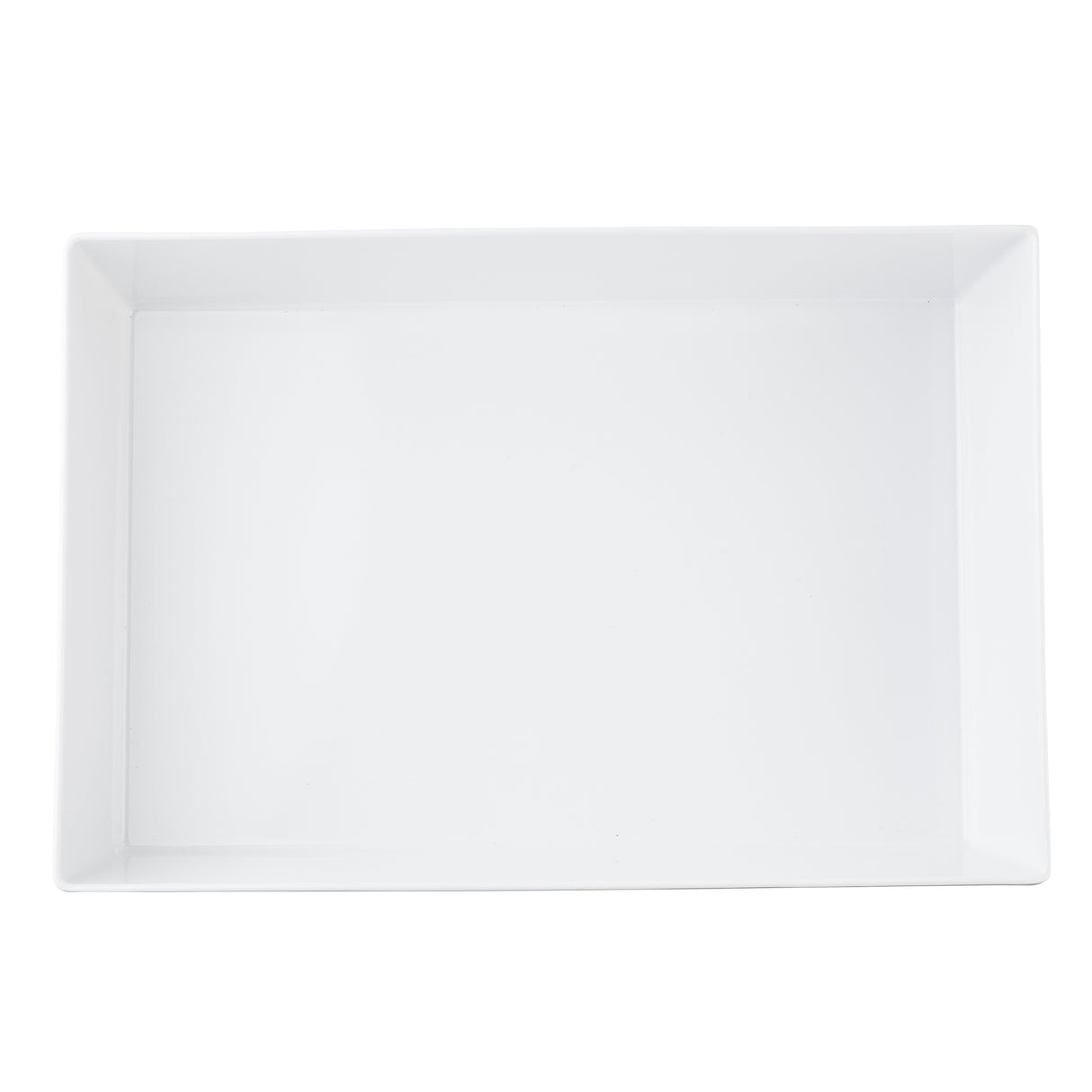 A large, empty rectangular white ceramic tray with raised edges is shown from a top-down perspective on a plain white background, offering the same clean lines and glossy finish found in TableCraft and Simple Solutions Bowl collections.