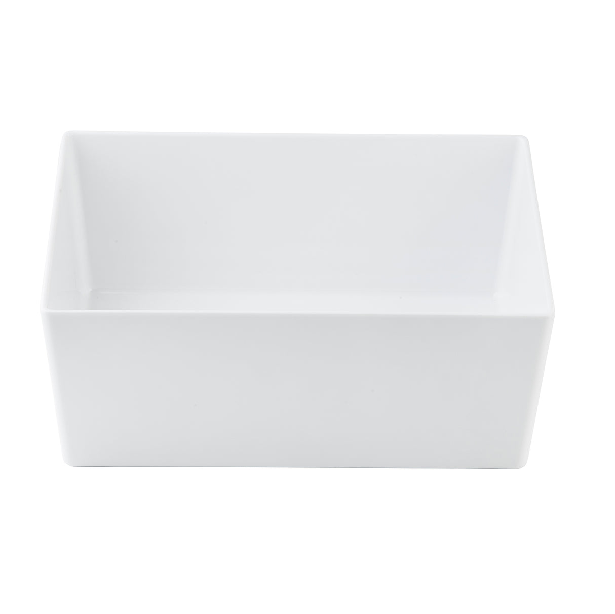 A plain, empty, rectangular white melamine bowl with smooth sides and sharp corners, shown from a slightly elevated angle against a white background.