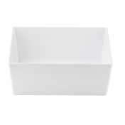 A plain, empty, rectangular white melamine bowl with smooth sides and sharp corners, shown from a slightly elevated angle against a white background.