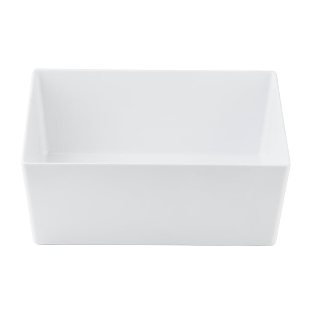 A plain, empty, rectangular white melamine bowl with smooth sides and sharp corners, shown from a slightly elevated angle against a white background.