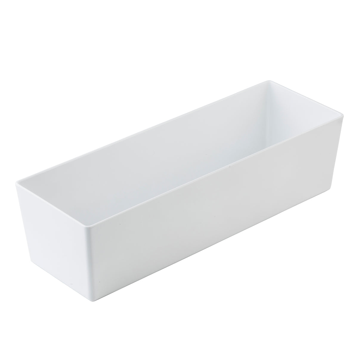 A plain, rectangular white container with straight sides and sharp corners, open at the top, shown at an angle on a white background. This could be a melamine bowl, appearing smooth and solid, possibly from the Simple Solutions Bowl line.