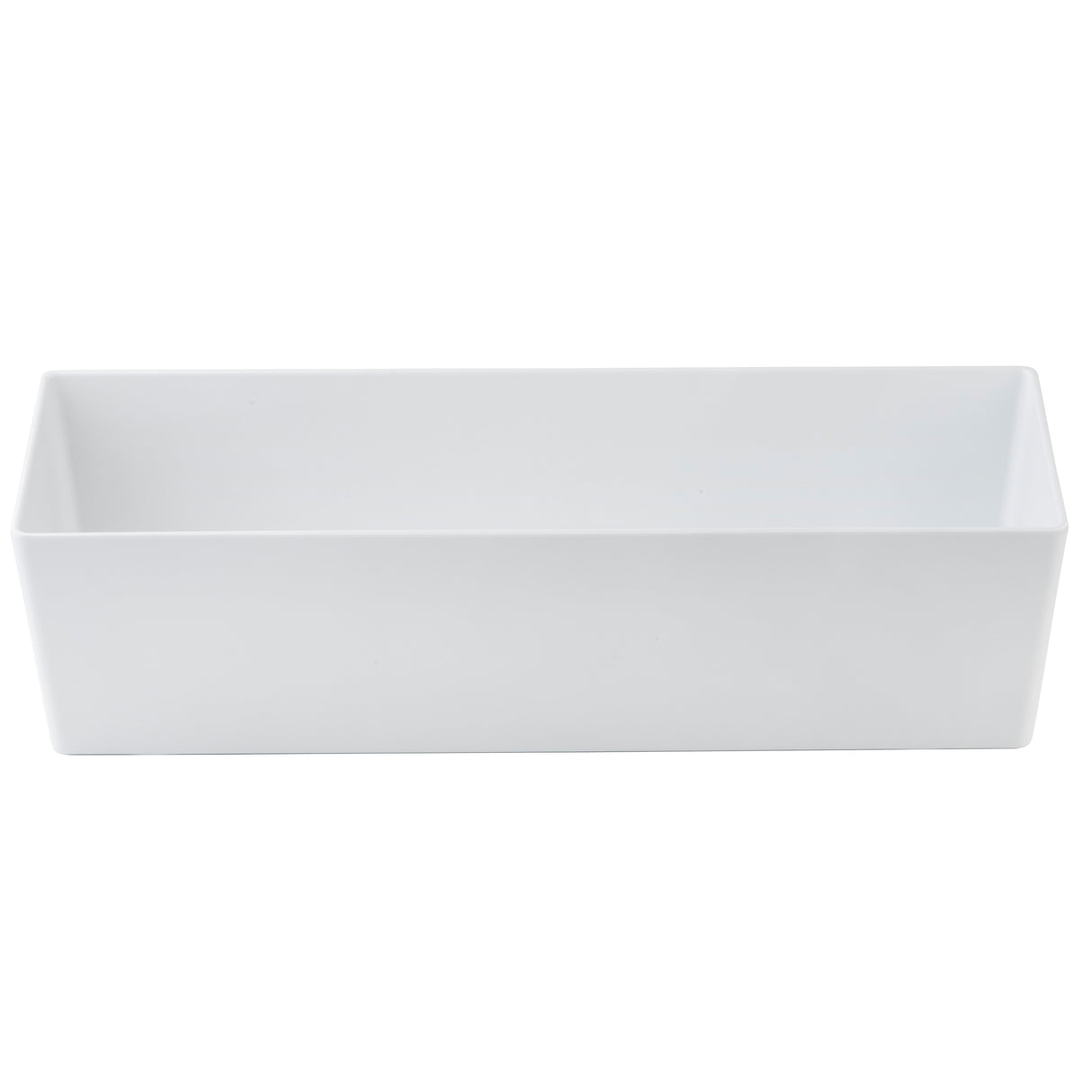 A plain, white, rectangular Simple Solutions Bowl with straight sides and a smooth surface is shown on a white background. The dish is empty and its minimalist design emphasizes clean lines and simplicity.