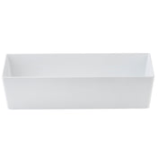 A plain, white, rectangular Simple Solutions Bowl with straight sides and a smooth surface is shown on a white background. The dish is empty and its minimalist design emphasizes clean lines and simplicity.