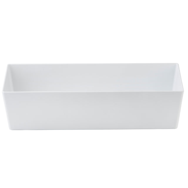 A plain, white, rectangular Simple Solutions Bowl with straight sides and a smooth surface is shown on a white background. The dish is empty and its minimalist design emphasizes clean lines and simplicity.