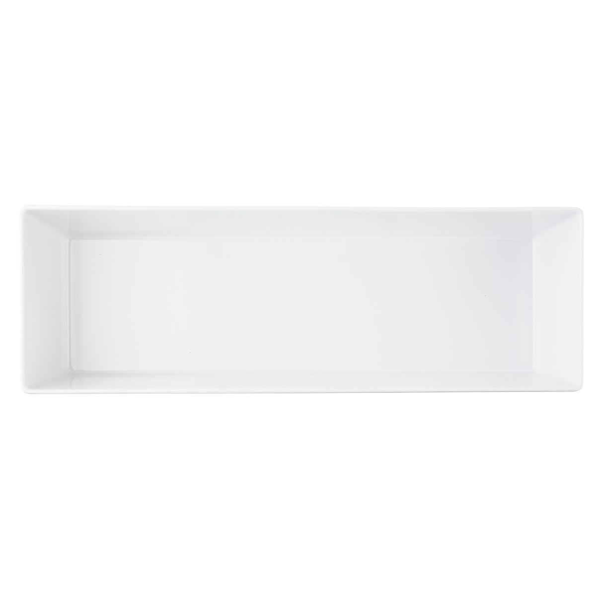 A rectangular, white ceramic serving platter with slightly raised edges is viewed from above on a plain white background. Similar in style to the TableCraft 12113, it features a smooth, glossy finish and a simple, modern design.