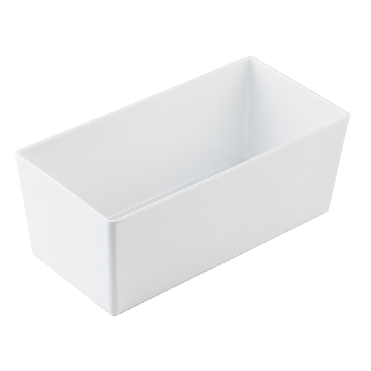 A plain, rectangular white melamine bowl with straight sides and a smooth surface, viewed from an angle showing the inside and two exterior sides. The 5.75 qt bowl is empty, features sharp corners, and boasts a minimalist TableCraft design.
