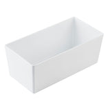 A plain, rectangular white melamine bowl with straight sides and a smooth surface, viewed from an angle showing the inside and two exterior sides. The 5.75 qt bowl is empty, features sharp corners, and boasts a minimalist TableCraft design.