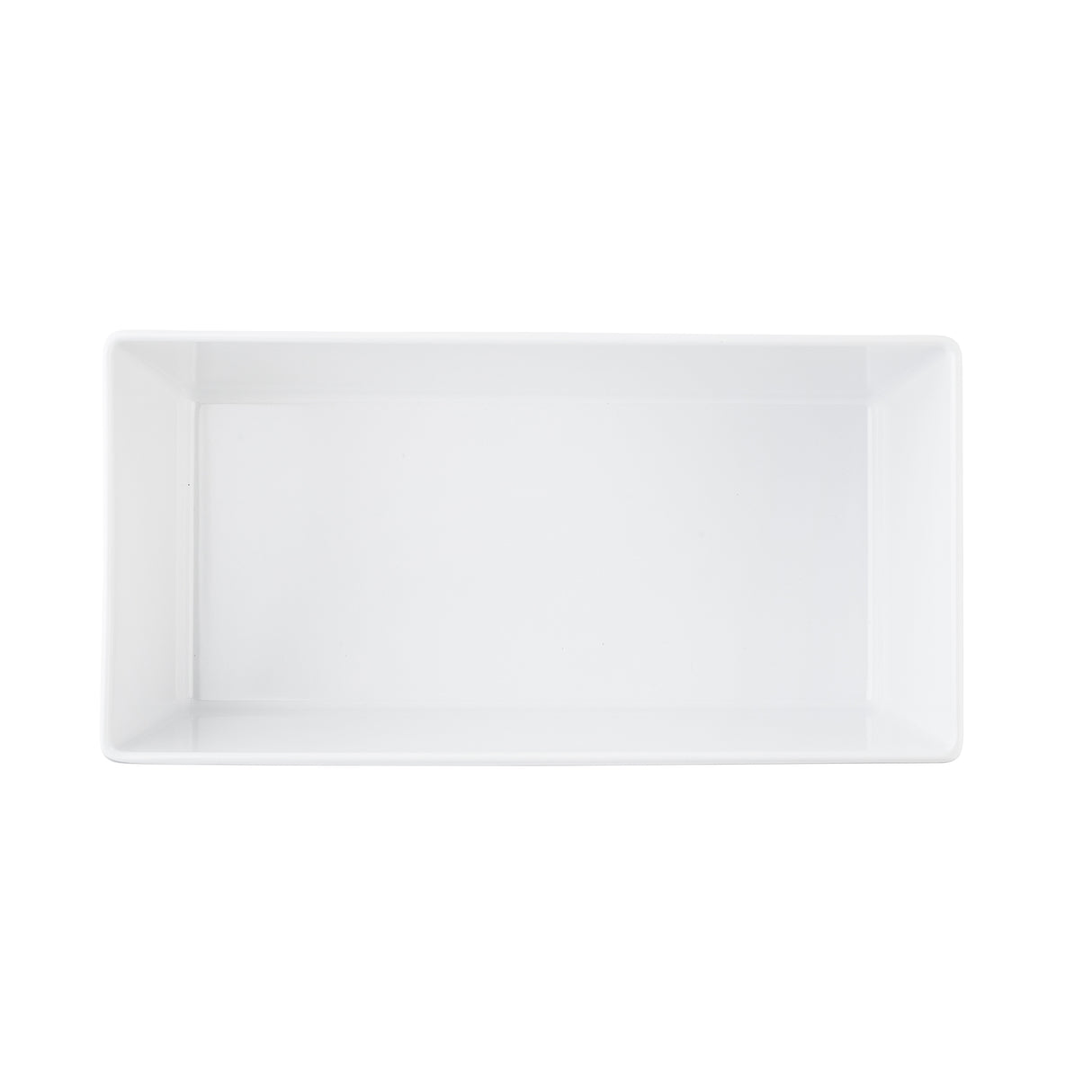 A white, rectangular TableCraft serving dish seen from above. With straight sides, sharp corners, and a glossy finish, this minimalist melamine bowl stands out against the plain white background for a modern presentation.