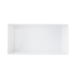 A white, rectangular TableCraft serving dish seen from above. With straight sides, sharp corners, and a glossy finish, this minimalist melamine bowl stands out against the plain white background for a modern presentation.