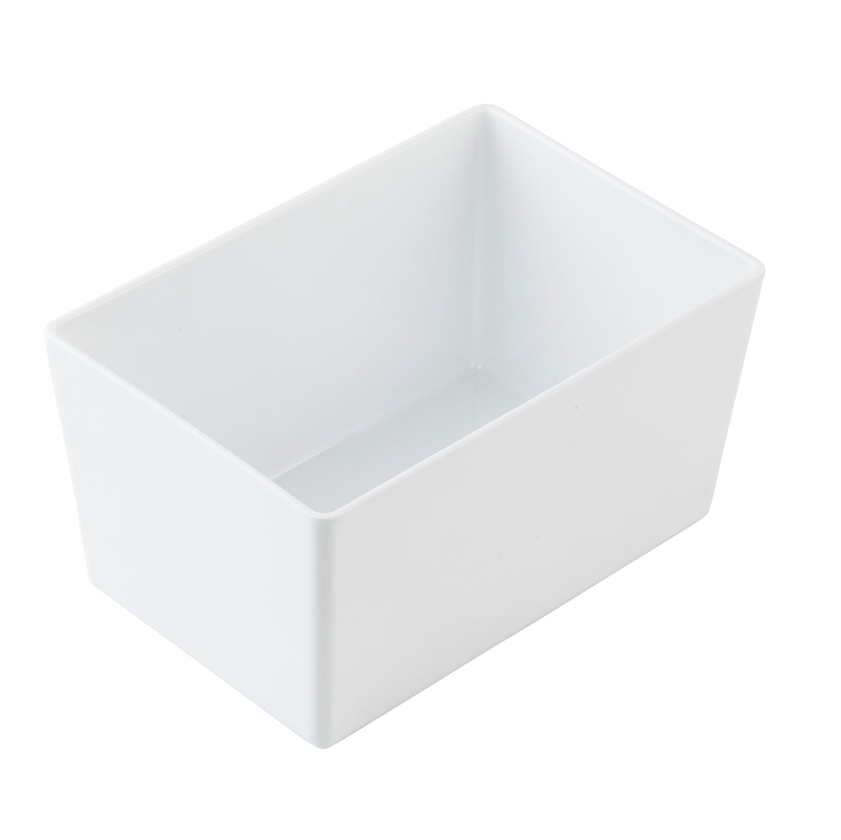 A rectangular, minimalist white melamine bowl with smooth surfaces and sharp edges, viewed from above at an angle against a plain white background. The container is empty and has a modern, simple design.