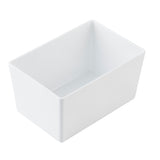A rectangular, minimalist white melamine bowl with smooth surfaces and sharp edges, viewed from above at an angle against a plain white background. The container is empty and has a modern, simple design.