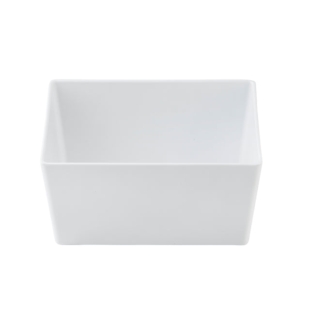 A plain, empty, rectangular TableCraft 12115 white ceramic bowl with straight sides and smooth edges, viewed from a slightly elevated front angle against a white background.
