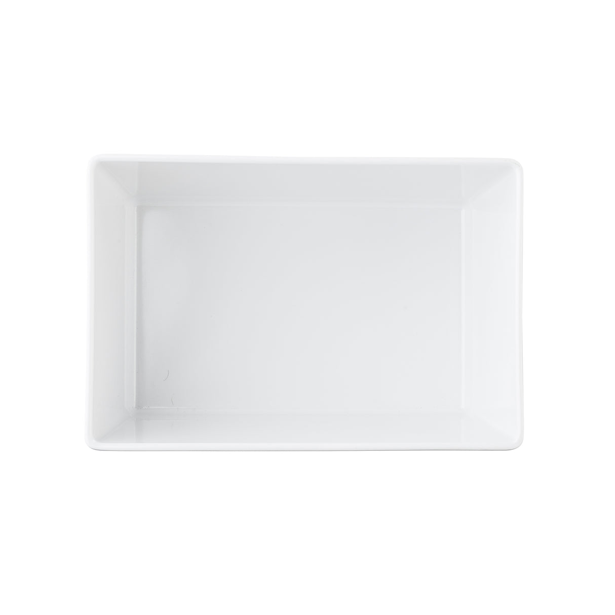 A plain, empty, rectangular white Simple Solutions Bowl is shown from above against a white background. The dish has smooth sides and a glossy finish, with no visible patterns or decorations.