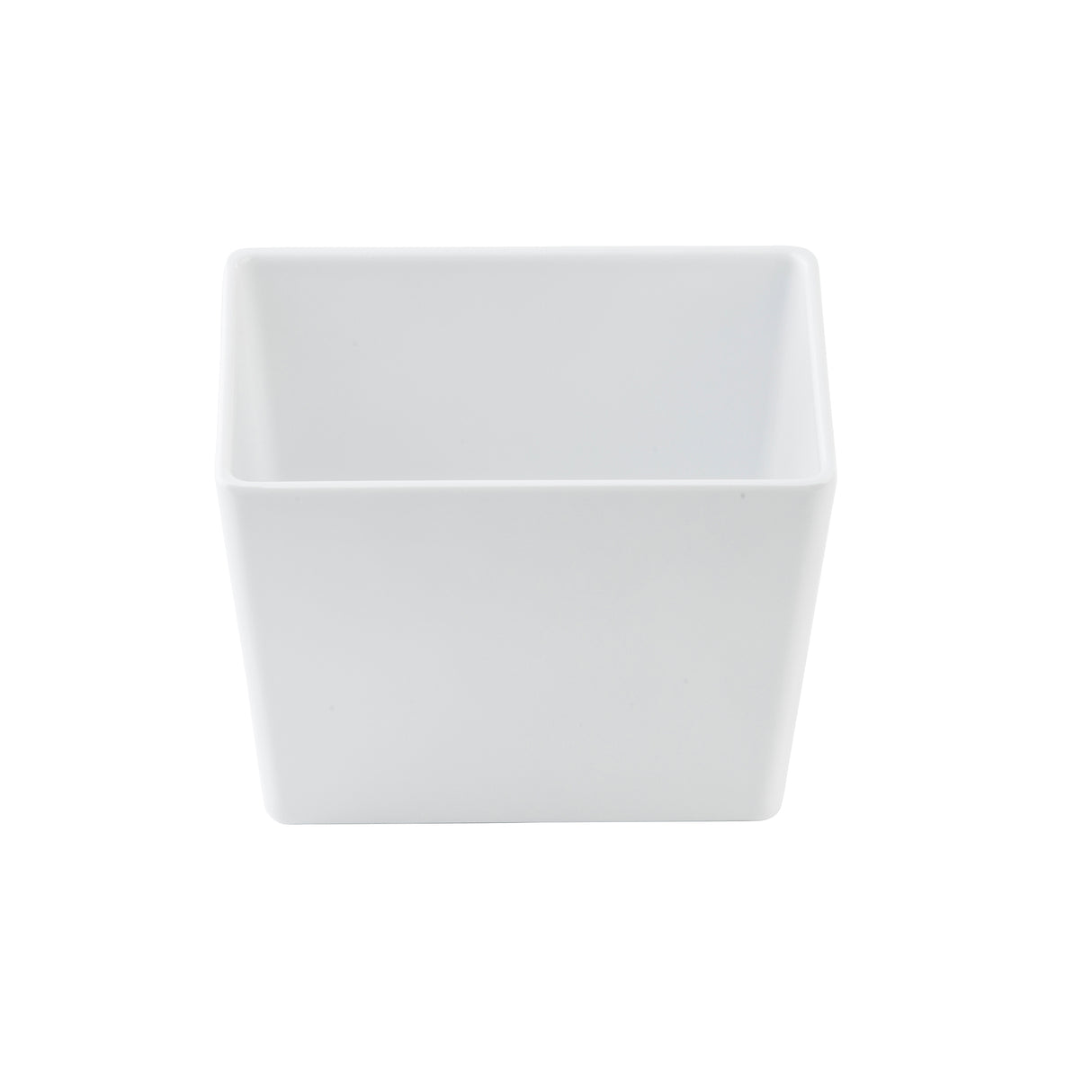 A plain, empty, white, square-shaped TableCraft 1.5 qt bowl is photographed against a white background. The bowl’s smooth edges and modern design are well-lit, highlighting its clean lines and simple elegance.