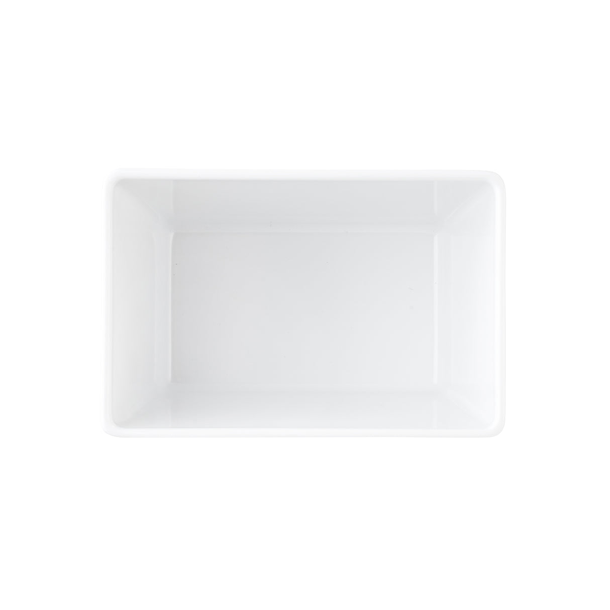A rectangular, white, empty TableCraft dish is shown from above against a plain white background. The dish, similar in style to a melamine bowl, features slightly rounded corners and smooth, glossy surfaces.