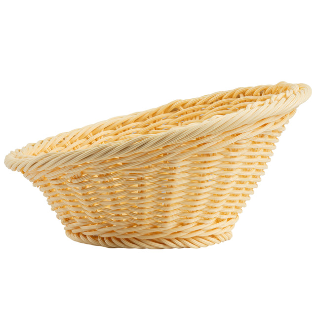 A shallow, round TableCraft Products handwoven basket with a wide opening and narrow base, made from light tan woven strands. The smooth, even weave and slightly outward-flaring rim give this basket a classic, simple design.