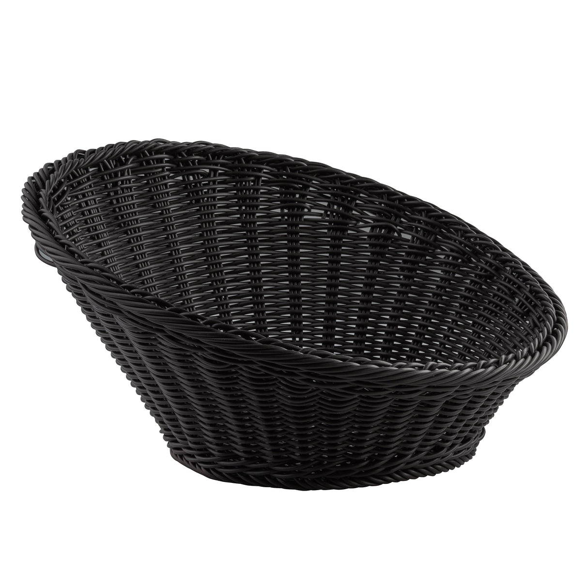 A large, empty, black TableCraft 12129 round polypropylene basket with a wide opening and stable, flat base. Angled slightly to the side, it showcases its detailed handwoven pattern and sturdy construction against a plain white background.