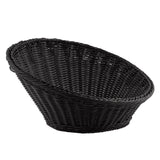 A large, empty, black TableCraft 12129 round polypropylene basket with a wide opening and stable, flat base. Angled slightly to the side, it showcases its detailed handwoven pattern and sturdy construction against a plain white background.